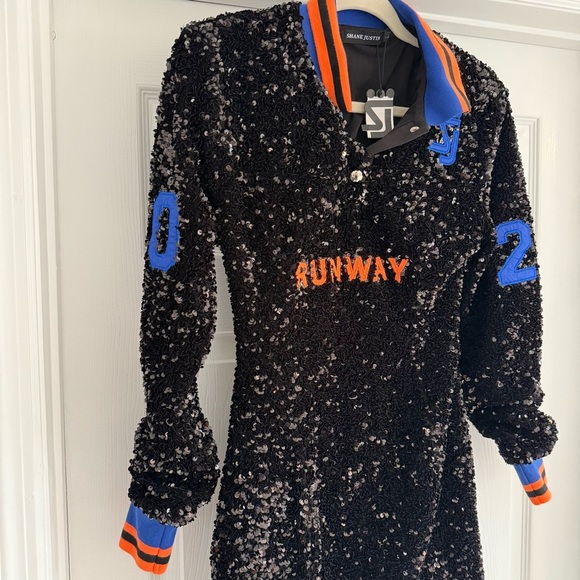 NWT SHANE JUSTIN Black Sequin Runway Bodycon Long Sleeve Polo Mini Dress L - Picture 5 of 14
